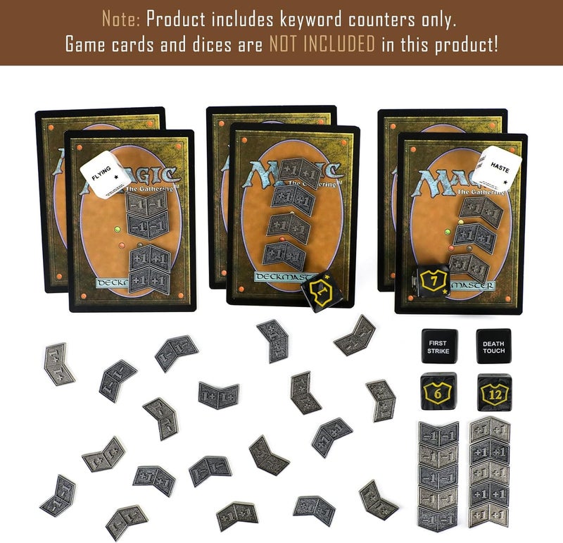 FIGURESLAB Store 48Pcs MTG Antique Metal Buff Counter Tokens & MTG Keyword/Counters Dice Set, Magic Creature Stats or Loyalty Counter for TCG Card Gaming Accessories with Velvet Bag & Box - Image 5